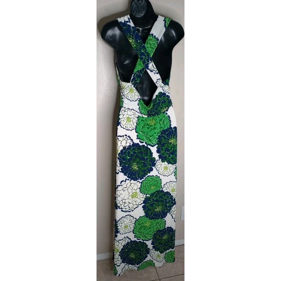 Green Blue White Floral Halter Maxi Dress Stretch Comfort Summer Spring Casual M - Picture 8 of 9
